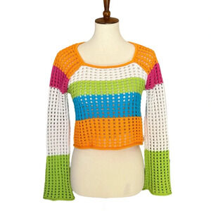 Crochet Knit Crop Sweater Long Sleeve XXS Colorblock Oversized Wild Fable Casual